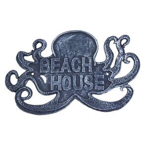 Octopus Beach House Wall Plaque Blue Cast Iron 11.25 Inches